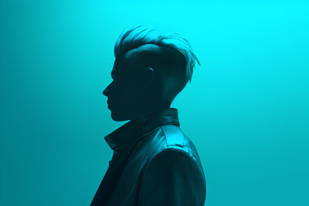 Silhouette of a young man with short hair on a blue backgroundの素材