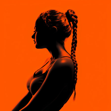 Silhouette of a young woman with braids on an orange backgroundの素材