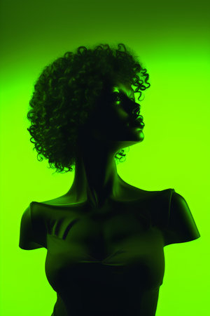 Beautiful african american woman with afro hairstyle and makeup on green backgroundの素材