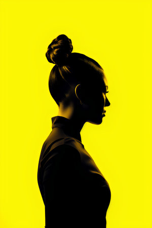 Silhouette of a beautiful woman on a yellow background. Portrait of a girl in profile.の素材