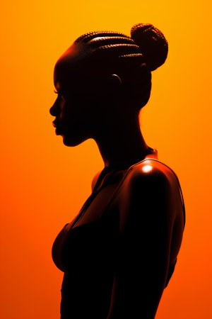 Silhouette of a beautiful African American woman on an orange background.の素材