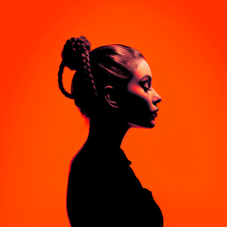 Portrait of a beautiful young woman with braids on a red background.の素材