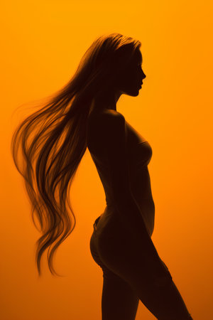 Silhouette of pregnant woman with long hair on orange background.の素材