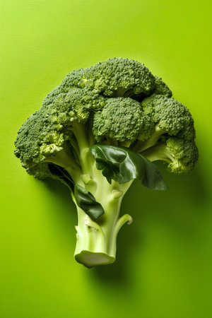 Fresh green broccoli on green background, top view, copy space.の素材