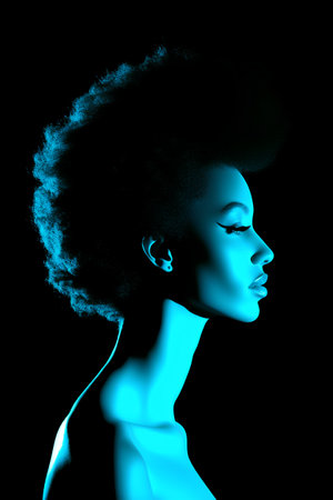 Fashion portrait of beautiful african american woman with black hair on black backgroundの素材