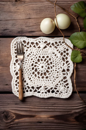 Easter table setting with white napkin, fork and eggs on wooden backgroundの素材