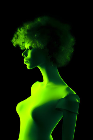 3D Illustration of a woman with green hair on a black backgroundの素材
