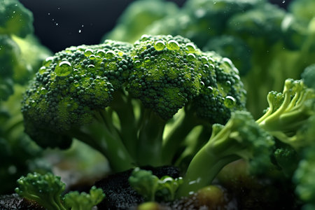 Closeup of fresh green broccoli with dew drops on dark backgroundの素材