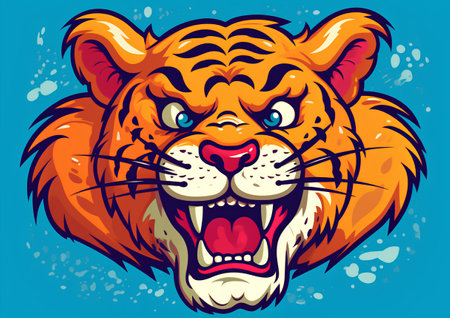 Vector illustration of a tiger head with angry expression on blue background.の素材