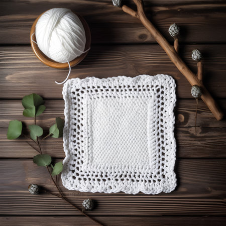 Handmade knitting on a wooden background. The concept of needlework.の素材