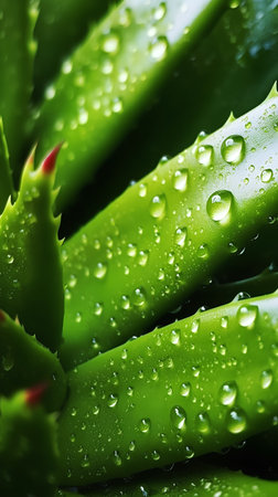 Aloe vera plant with water drops close up. Natural backgroundの素材