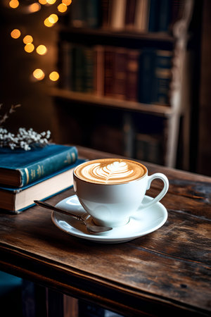 Cup of cappuccino with latte art on wooden table in coffee shopの素材