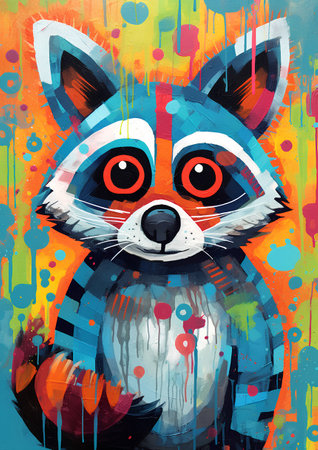 Raccoon on abstract colorful background. Digital painting. Vector illustration.の素材