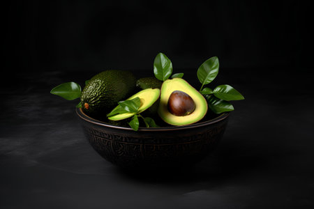Fresh ripe avocados with leaves in a bowl on a black backgroundの素材