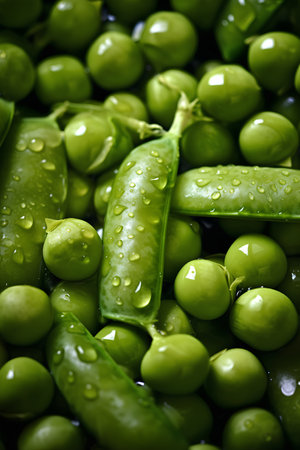 Fresh green peas with water drops. Close up. Food background.の素材