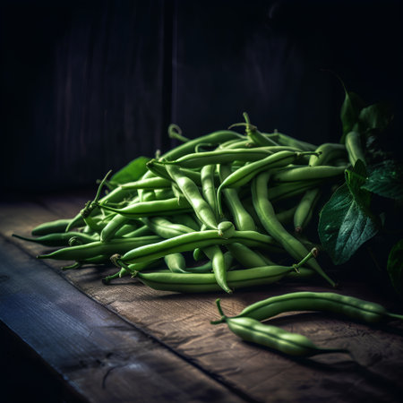 Green beans on rustic wooden background. Vintage style toned pictureの素材