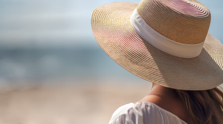 Portrait of a girl in a straw hat on the beach.の素材