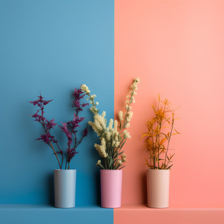 Plants in pots on blue and pink background. Minimal concept.の素材