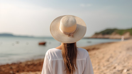 Portrait of a young woman in a hat on the beach.の素材