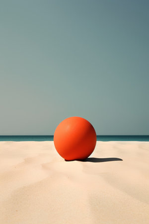Orange egg on the beach. Summer concept. 3D Renderingの素材