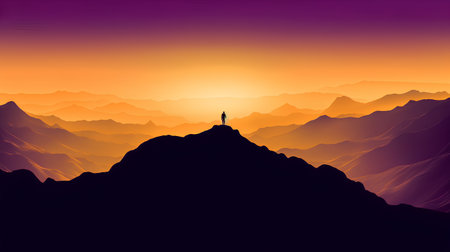 Silhouette of a man on the top of a mountain. Vector illustrationの素材