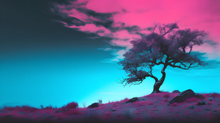 Lonely tree on the hillside at sunset. 3d renderの素材