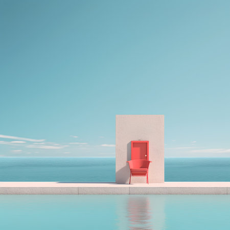 Red chair on the edge of a swimming pool. 3d renderingの素材