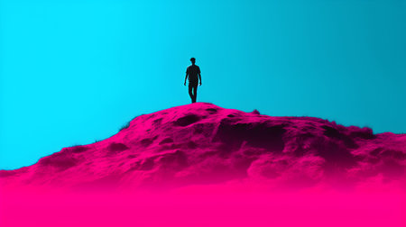 Silhouette of a man standing on a rock. 3D renderingの素材