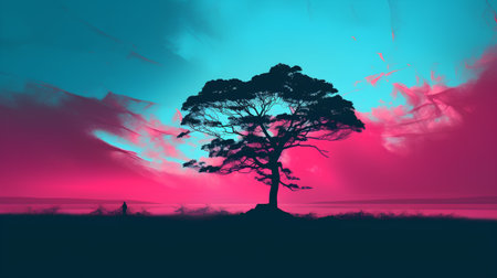 Silhouette of a lonely tree on a background of a sunset.の素材