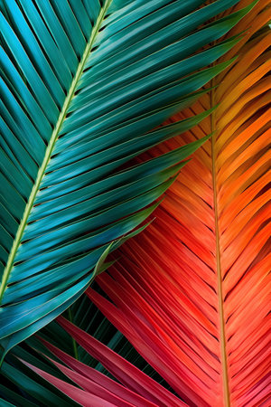 Close-up of tropical palm leaf texture. Colorful background.の素材