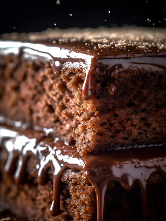 Chocolate cake with chocolate glaze on a black background. Toned.の素材