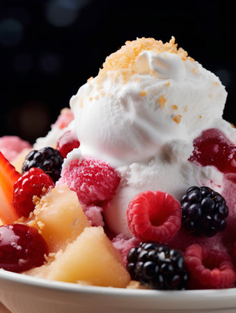 Close up of a bowl of fruit salad with ice cream and berriesの素材