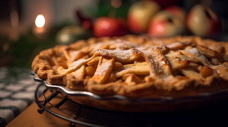 Homemade apple pie with fresh apples on the background of the Christmas treeの素材