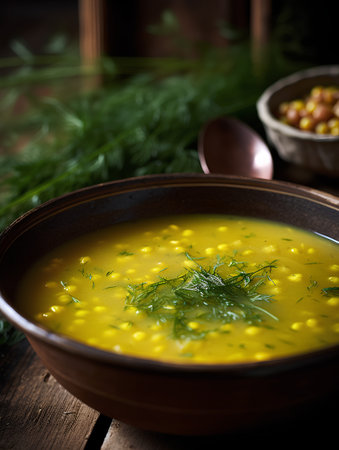Soup with corn and dill in a rustic style. Selective focus.の素材