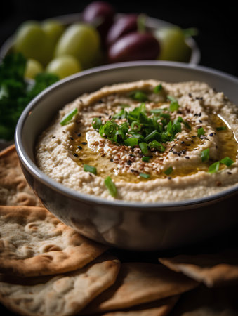 Bowl of hummus with olive oil and herbs on dark backgroundの素材