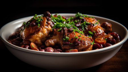 Roasted chicken legs with red beans and parsley. Selective focus.の素材