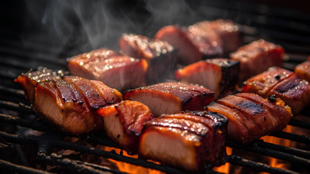 Closeup of grilled pork meat on barbecue grill with smoke and flamesの素材