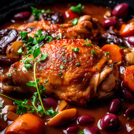 chicken stew with vegetables on a black background. tinting. selective focusの素材