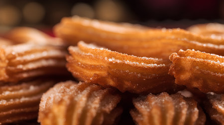 Close up of a pile of churros. Selective focus.の素材
