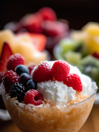 Fruit dessert with whipped cream and fresh berries on a wooden backgroundの素材