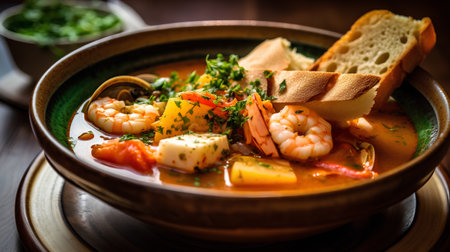 Seafood soup with shrimps, prawns, mussels and squid in bowlの素材