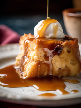 Honey toast with ice cream and caramel sauce on wooden background.の素材