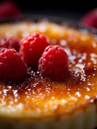 Creme brulee with fresh raspberries and caramelized sugarの素材