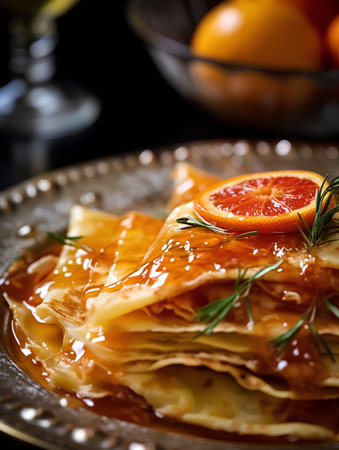 Crepes with orange jam and rosemary on a dark background.の素材