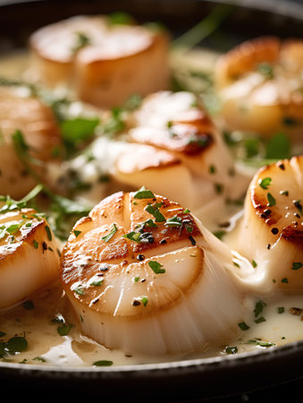 Baked scallops with cream sauce and parsley on a plateの素材