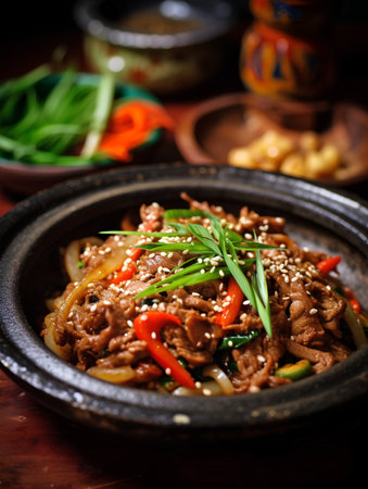 Beef bulgogi with vegetables and sesame seeds on wooden backgroundの素材