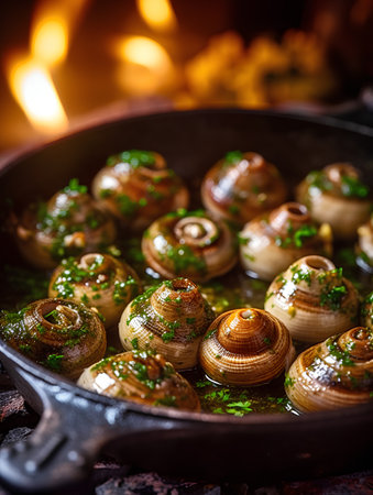 Baked snails with garlic and herbs in a frying pan.の素材