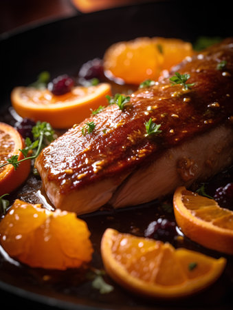 Fried fish with oranges and cranberries. Selective focus.の素材