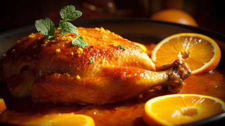 roast chicken with orange and mint on a wooden background. tinting. selective focusの素材