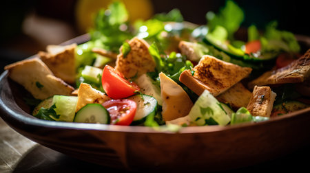 Fresh vegetable salad with croutons in wooden bowl on wooden backgroundの素材